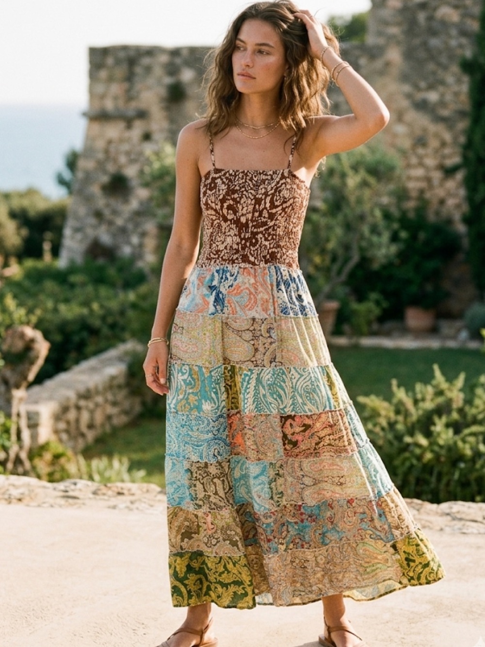 🇺🇸POL Boho Patchwork Maxi Dress in Multicolor